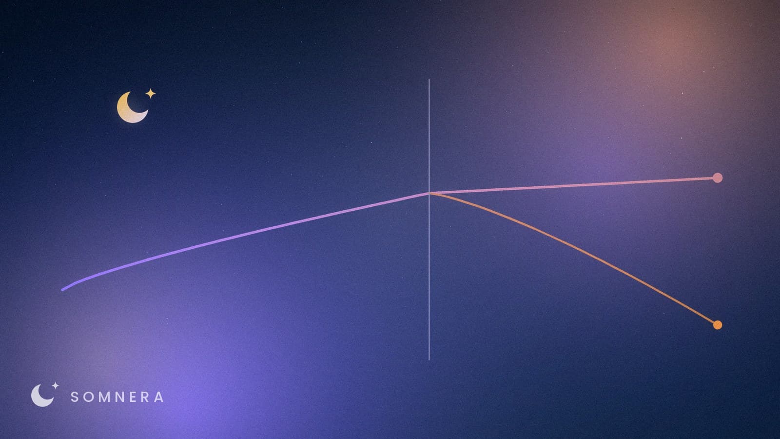 Two paths rising together to a marked point, after which one holds its level and the other falls away.