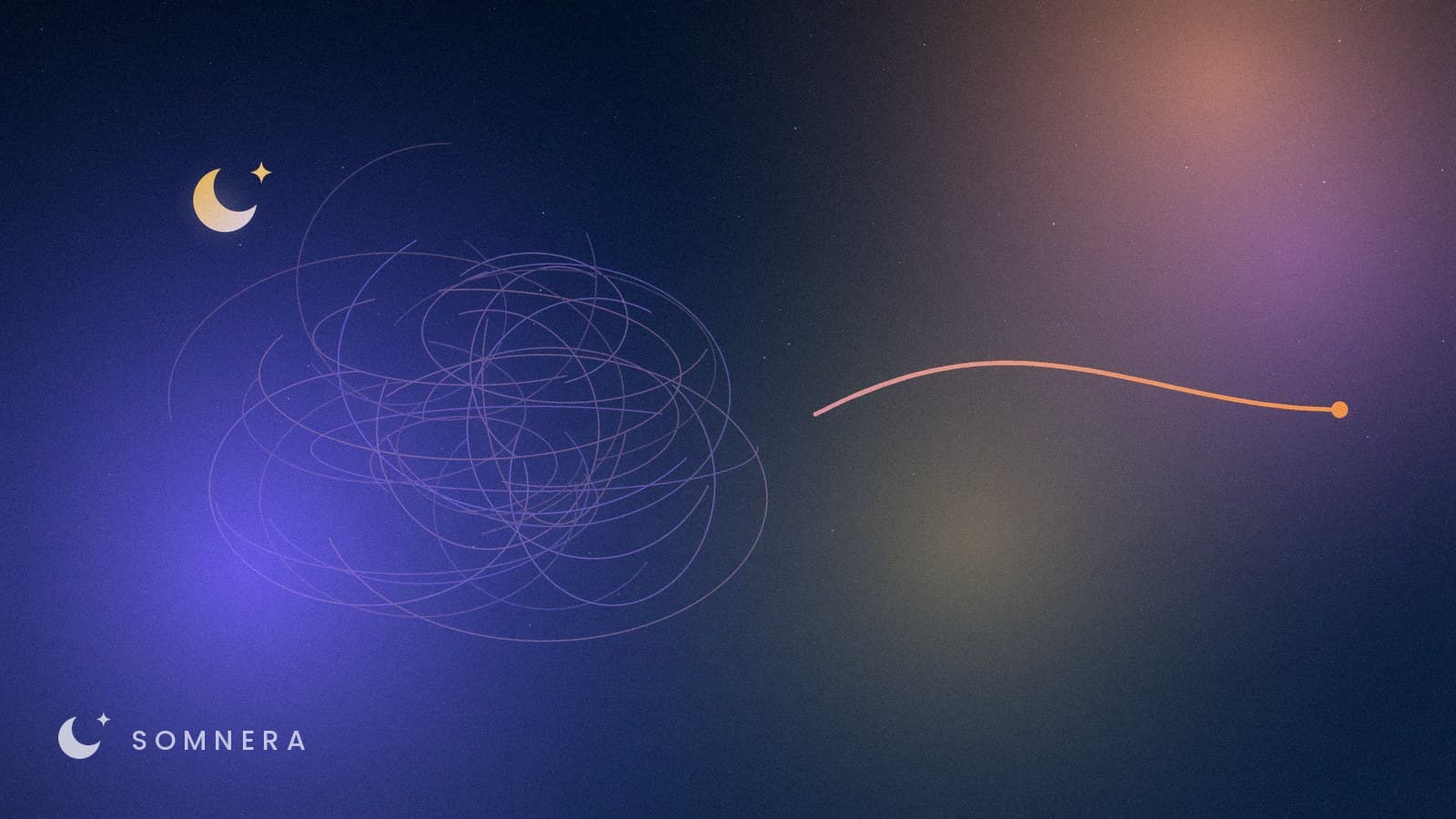 A dense tangle of loops resolving into one clear line leaving to the right.