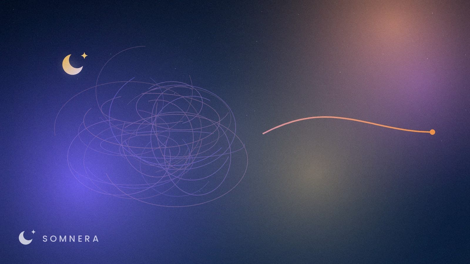 A dense tangle of loops resolving into one clear line leaving to the right.